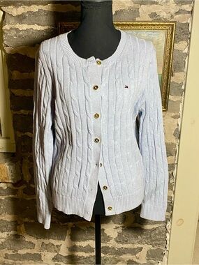 Tommy Hilfiger Pale Blue Cable Knit Button-Front Cotton Cardigan